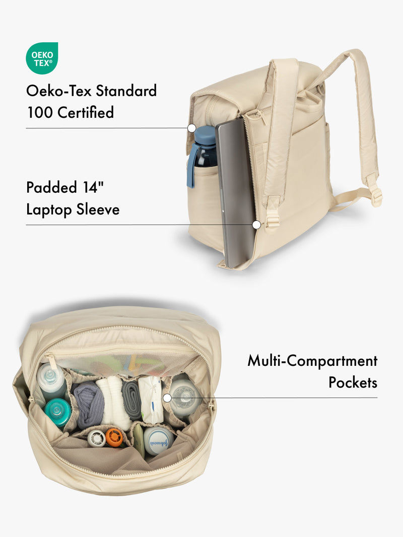 CALPAK beige backpack with Oeko-Tex certification, 14" padded laptop sleeve, and multi-compartment pockets on a white background