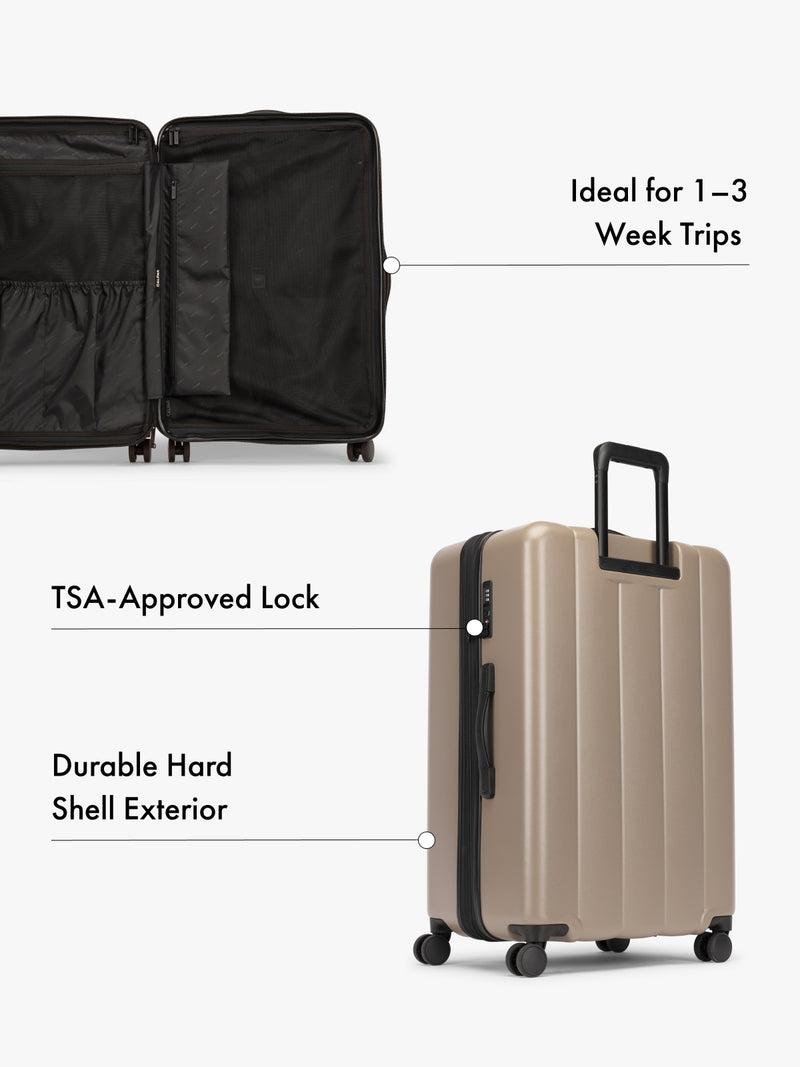 Brown CALPAK Evry Large Hard Shell Luggage features divided compartments with interior pockets for organized packing and TSA approved lock