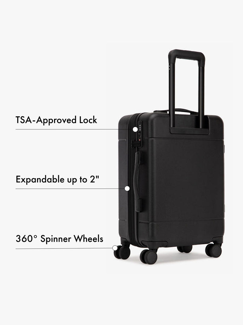 Black suitcase with features highlighted on a white background