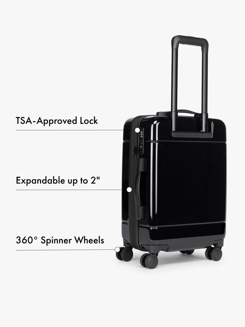 CALPAK Hue Carry-On Black suitcase with features listed on a white background