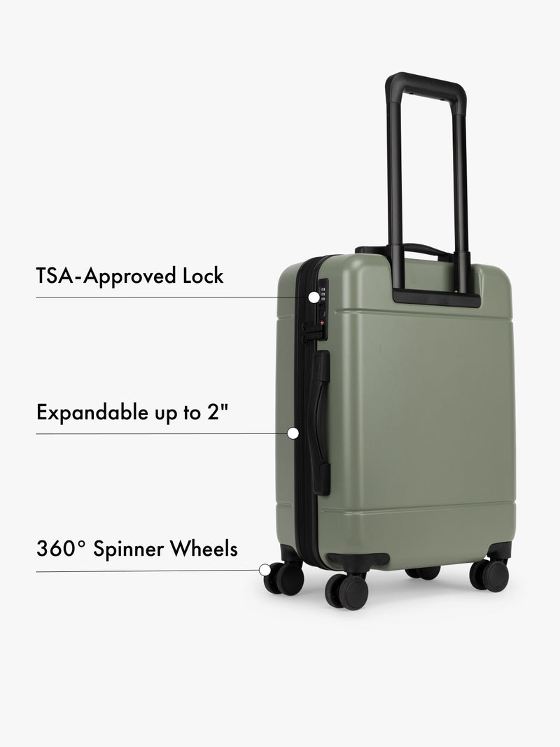 Green suitcase with features highlighted on a white background