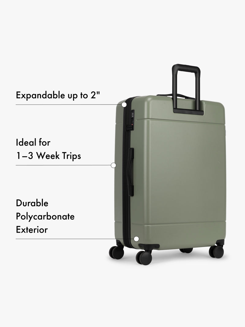 CALPAK Hue Large Luggage in green Juniper with text highlighting features on a white background
