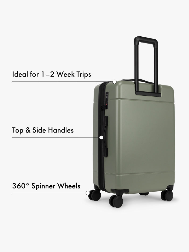 CALPAK Hue Medium green suitcase with features highlighted on a white background