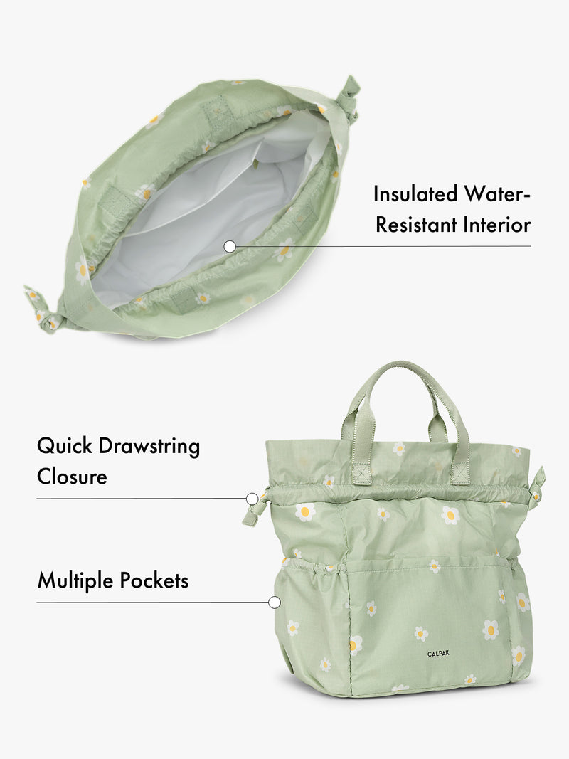 Water resistant interior CALPAK insulated lunch bag with drawstring closure and multiple pockets in green with flowers with features highlighted on white background