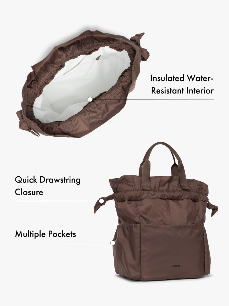Water resistant interior CALPAK insulated lunch bag with drawstring closure and multiple pockets in brown with features highlighted on white background