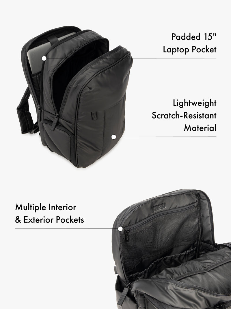 CALPAK Luka 15 Inch Laptop Backpack with lightweight scratch-resistant material, padded 15" laptop pocket, and  and multiple interior and exterior pockets in black