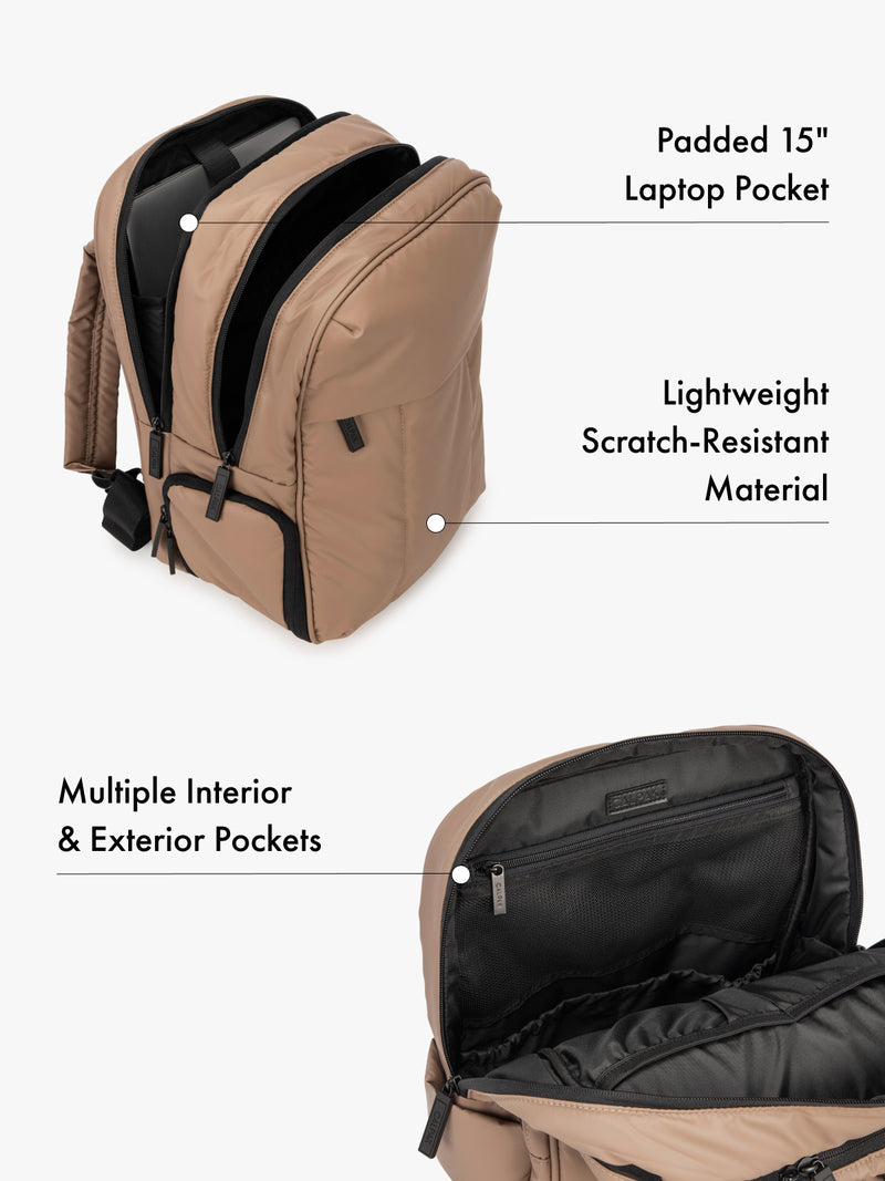 CALPAK Luka 15 Inch Laptop Backpack with lightweight scratch-resistant material, padded 15" laptop pocket, and  and multiple interior and exterior pockets in light brown
