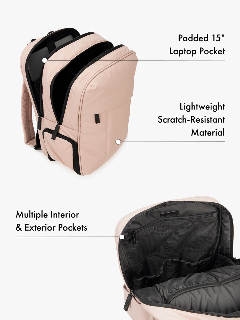 CALPAK Luka 15 Inch Laptop Backpack with lightweight scratch-resistant material, padded 15" laptop pocket, and  and multiple interior and exterior pockets in dark light pink