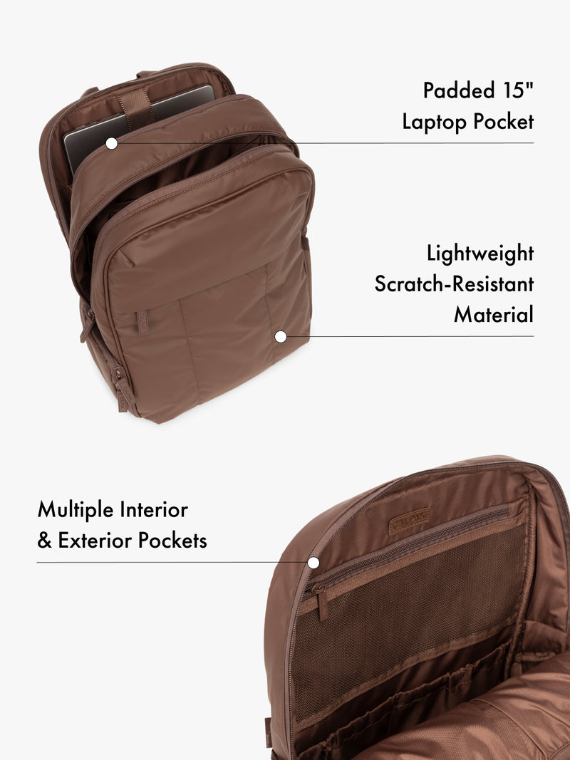 CALPAK Luka 15 Inch Laptop Backpack with lightweight scratch-resistant material, padded 15" laptop pocket, and  and multiple interior and exterior pockets in dark brown