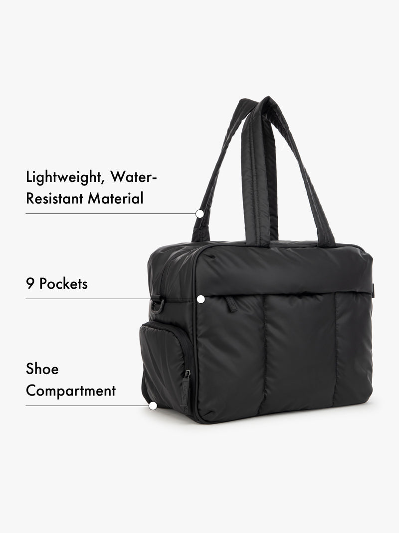 CALPAK black Luka duffle bag with features listed on a white background water-resistant material, 9 pockets, and shoe compartment