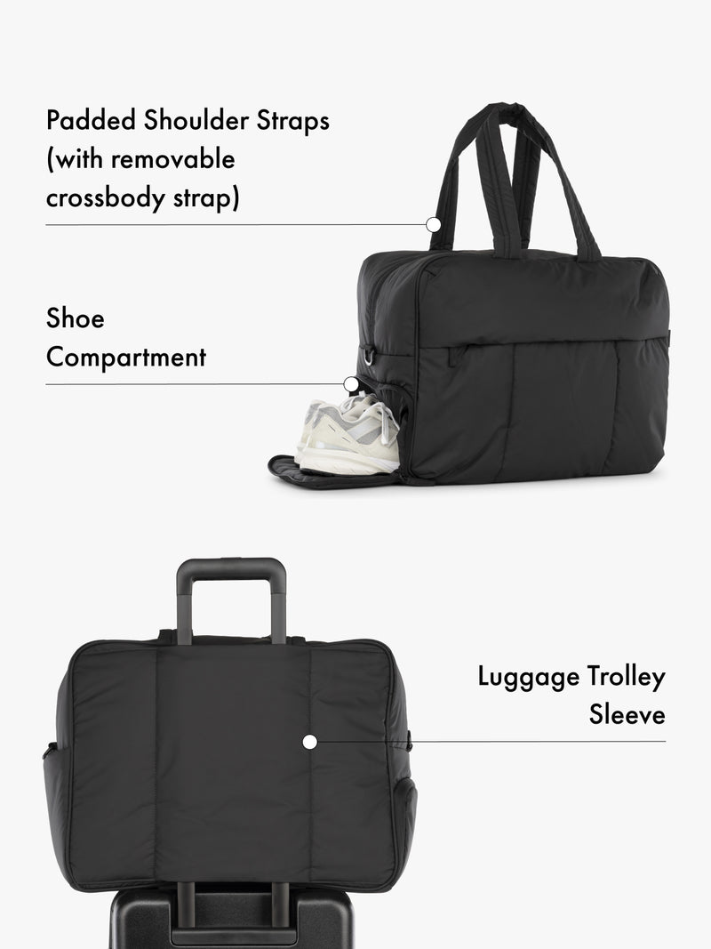 CALPAK Luka large duffel bag with side shoe compartment, padded shoulder straps with removeable crossbody strap and luggage trolly sleeve in black