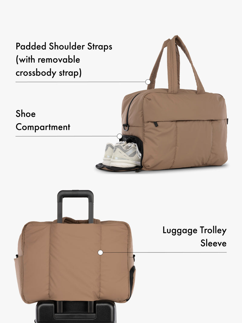 CALPAK Luka large duffel bag with side shoe compartment, padded shoulder straps with removeable crossbody strap and luggage trolly sleeve in brown