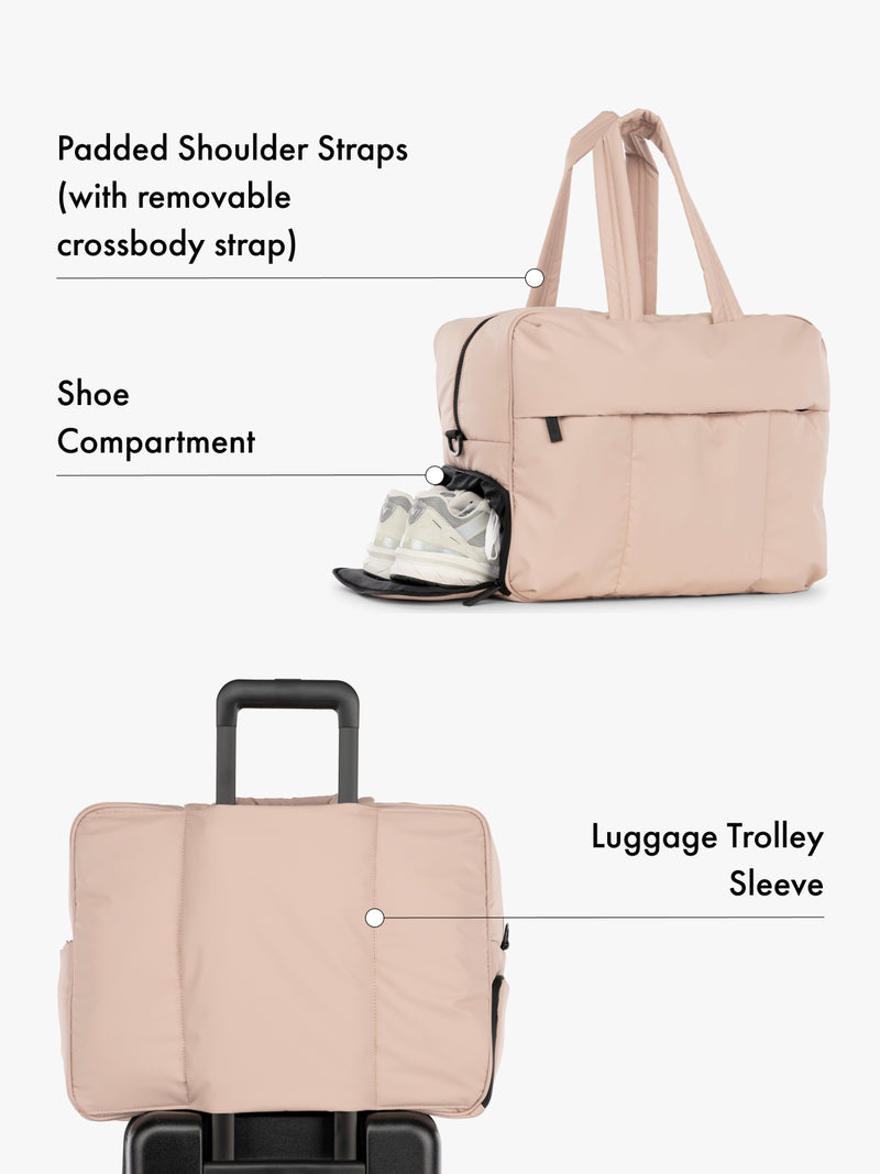 CALPAK Luka large duffel bag with side shoe compartment, padded shoulder straps with removeable crossbody strap and luggage trolly sleeve in pink