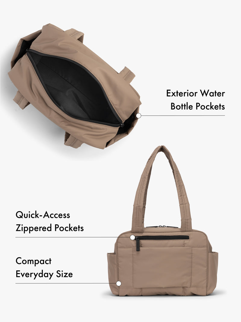 CALPAK Mini Duffel in brown chocolate top interior and back view with water bottle pockets and quick-access zipped pockets, compact everyday size