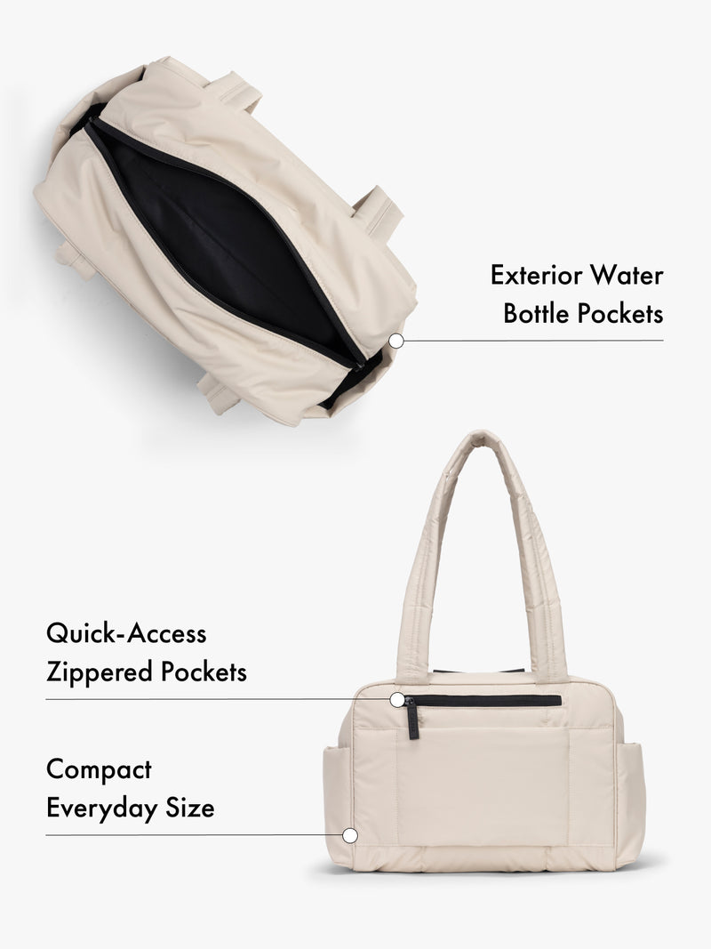 CALPAK Mini Duffel in light beige top interior and back view with water bottle pockets and quick-access zipped pockets, compact everyday size