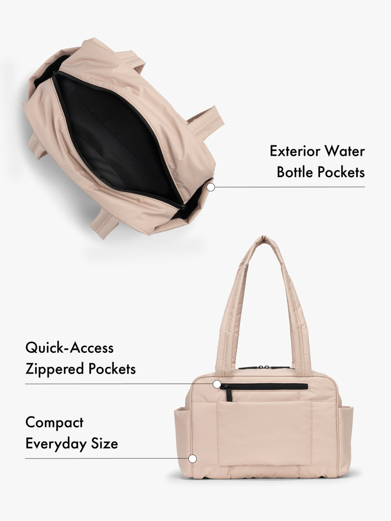 CALPAK Mini Duffel in light pink top interior and back view with water bottle pockets and quick-access zipped pockets, compact everyday size