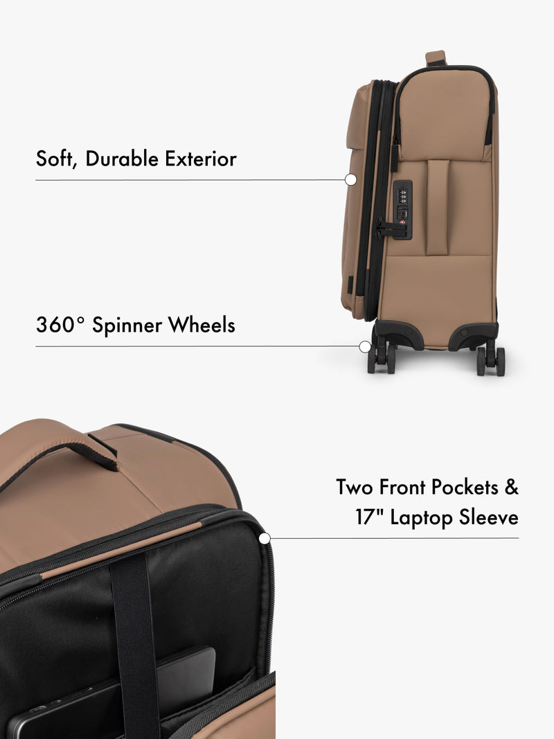 CALPAK Luka soft case carry on luggage with TSA approved lock and 360 spinner wheels with front laptop pocket in brown