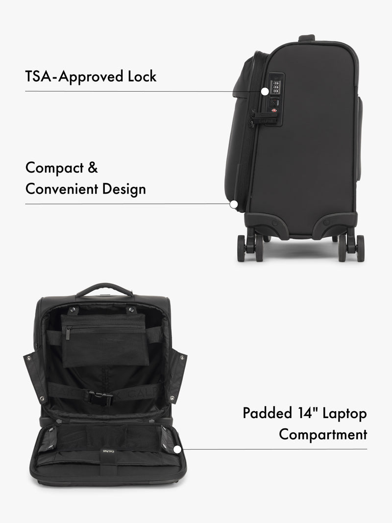 CALPAK Luka mini soft sided black carry-on suitcase with laptop compartment and multiple interior pockets with features highlighted