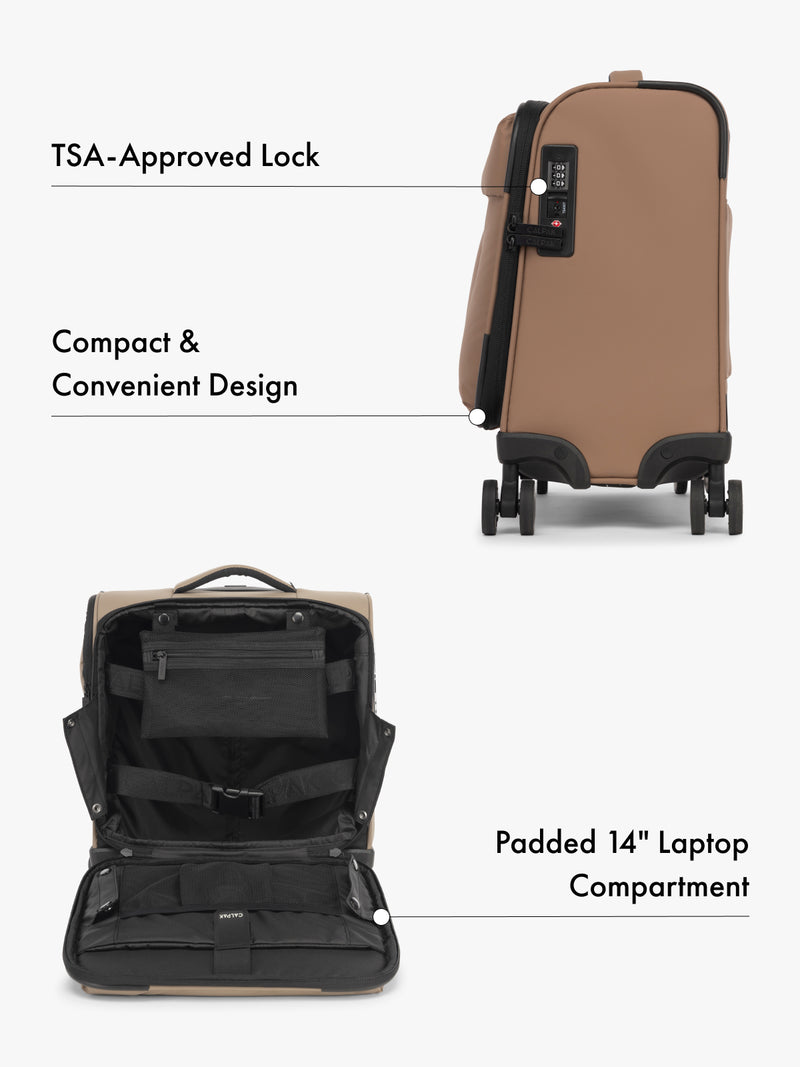 CALPAK Luka mini soft sided black carry-on suitcase with laptop compartment and multiple interior pockets with features highlighted