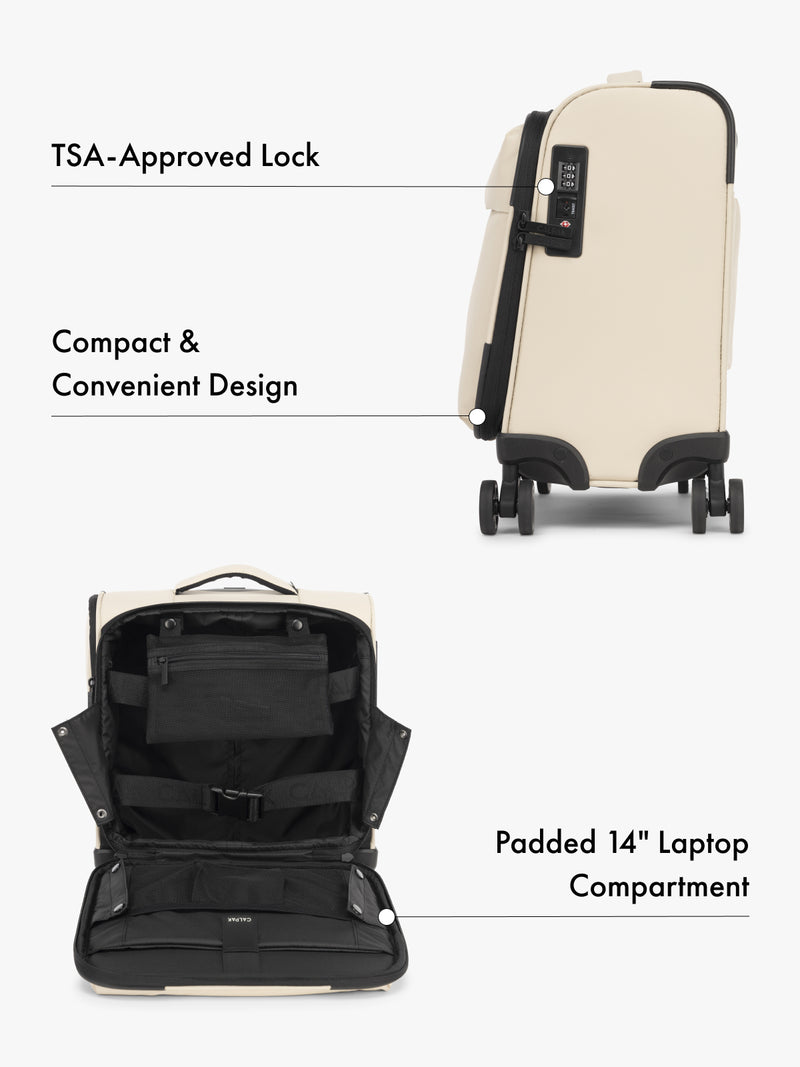 CALPAK Luka mini soft sided black carry-on suitcase with laptop compartment and multiple interior pockets with features highlighted