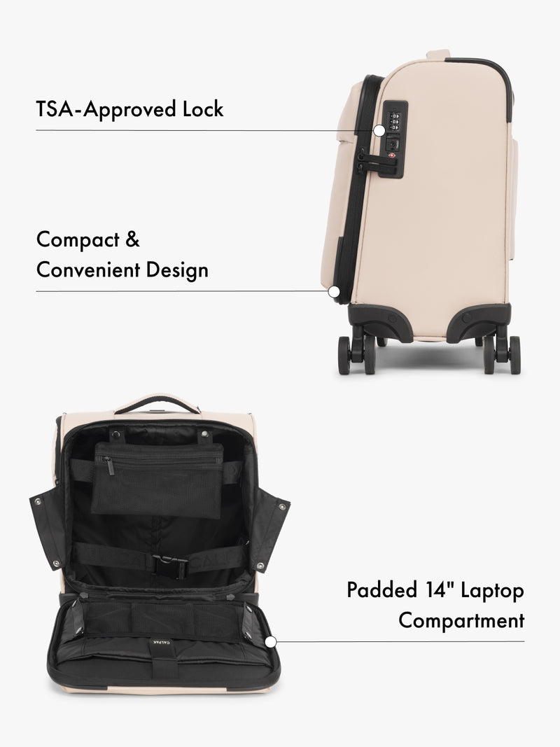 CALPAK Luka mini soft sided black carry-on suitcase with laptop compartment and multiple interior pockets with features highlighted
