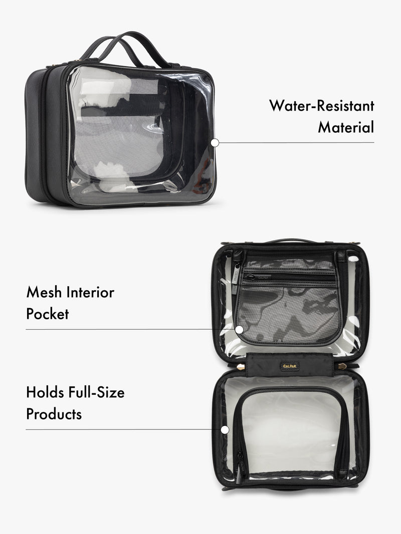 CALPAK black cosmetics travel bag with mesh interior pocket and water-resistant material on a white background