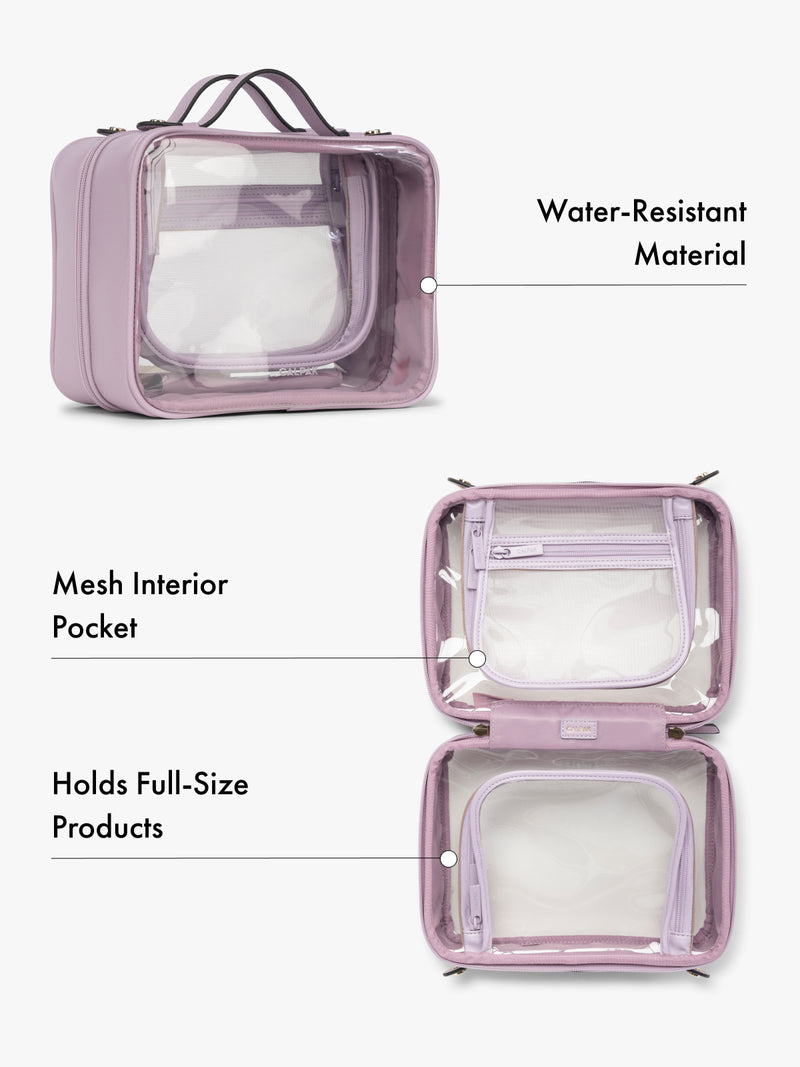 CALPAK Purple makeup travel bag with mesh interior pocket and water-resistant material on a white background