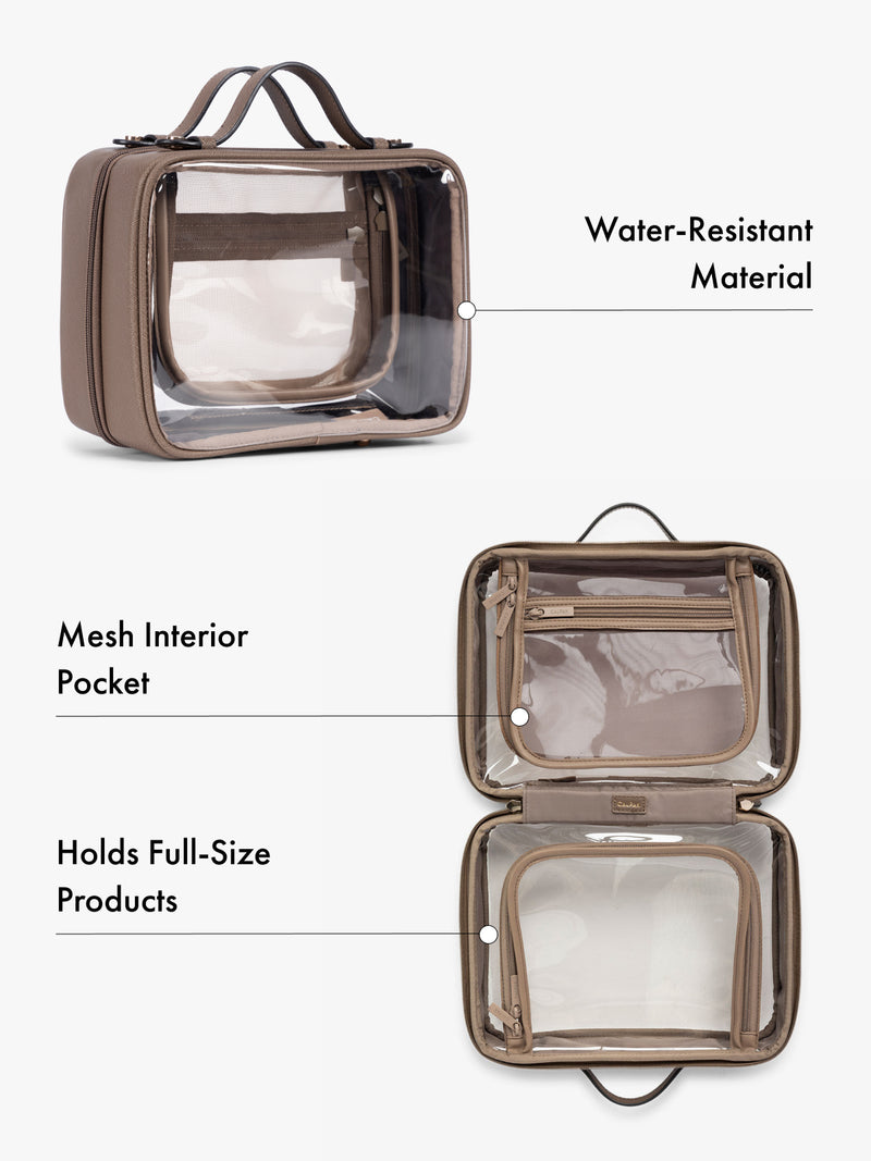 CALPAK brown makeup travel bag with mesh interior pocket and water-resistant material on a white background