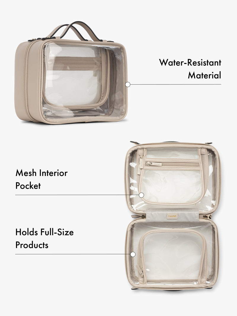 CALPAK beige makeup travel bag with mesh interior pocket and water-resistant material on a white background
