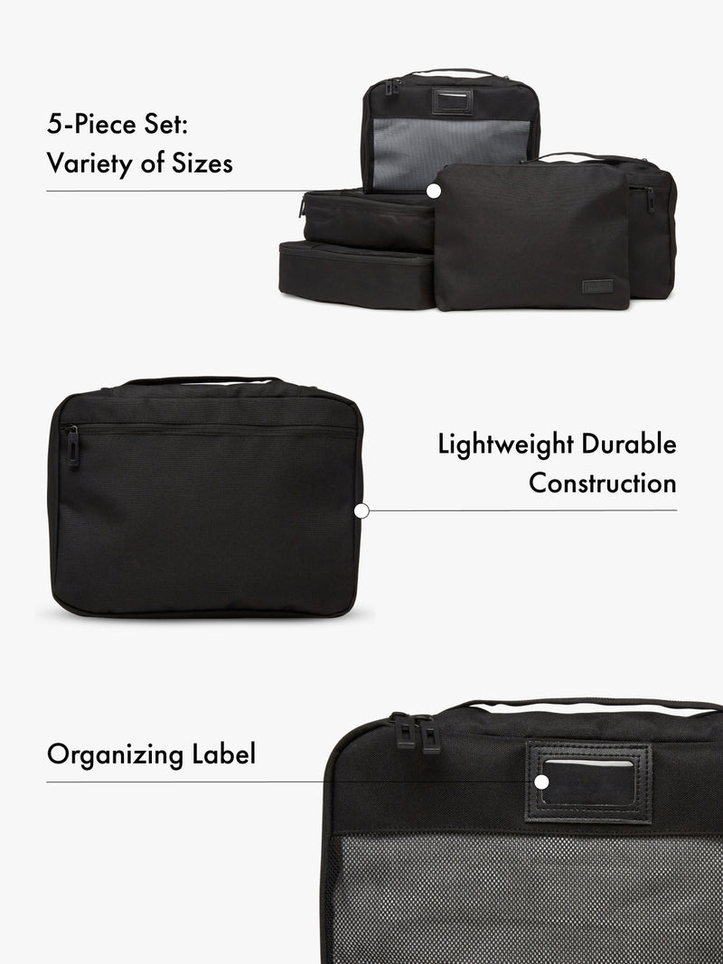 5 Set of black packing cube organizers with text highlighting features of variety of sizes, lightweight durable construction, and organizing label on a white background
