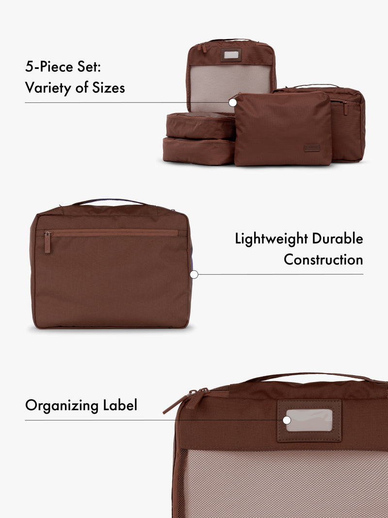 5 Set of brown packing cube organizers with text highlighting features of variety of sizes, lightweight durable construction, and organizing label on a white background