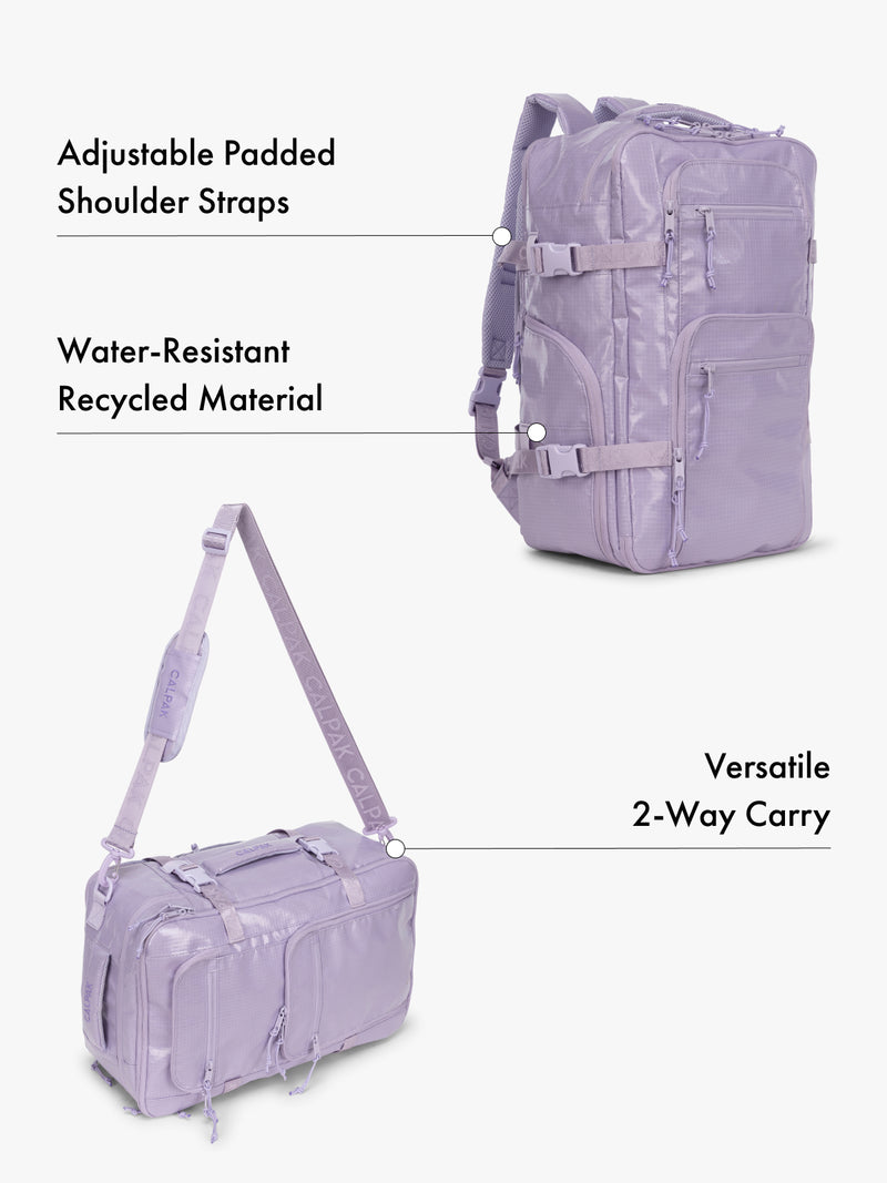 CALPAK Terra 26L laptop backpack duffel in purple made with water-resistant recycled material, adjustable shoulder straps  and versatile 2-way carrying feature on a white background