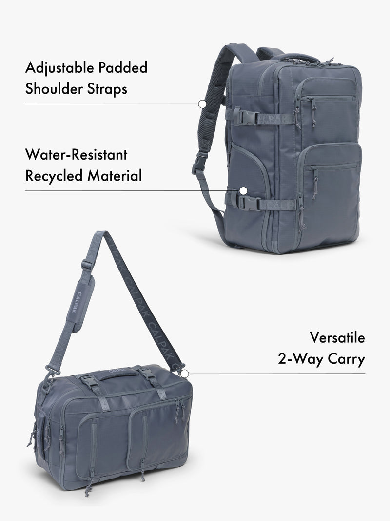 CALPAK Terra 26L laptop backpack duffel in blue made with water-resistant recycled material, adjustable shoulder straps  and versatile 2-way carrying feature on a white background