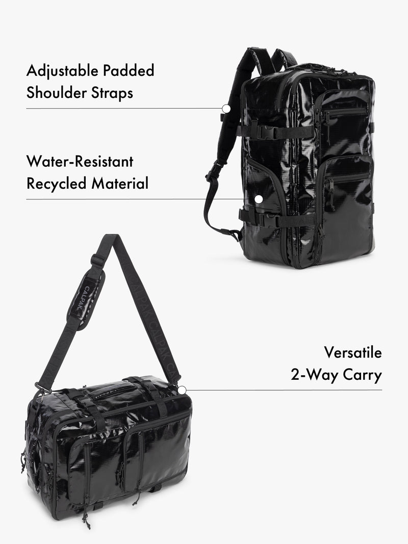 CALPAK Terra 26L laptop backpack duffel in black made with water-resistant recycled material, adjustable shoulder straps  and versatile 2-way carrying feature on a white background