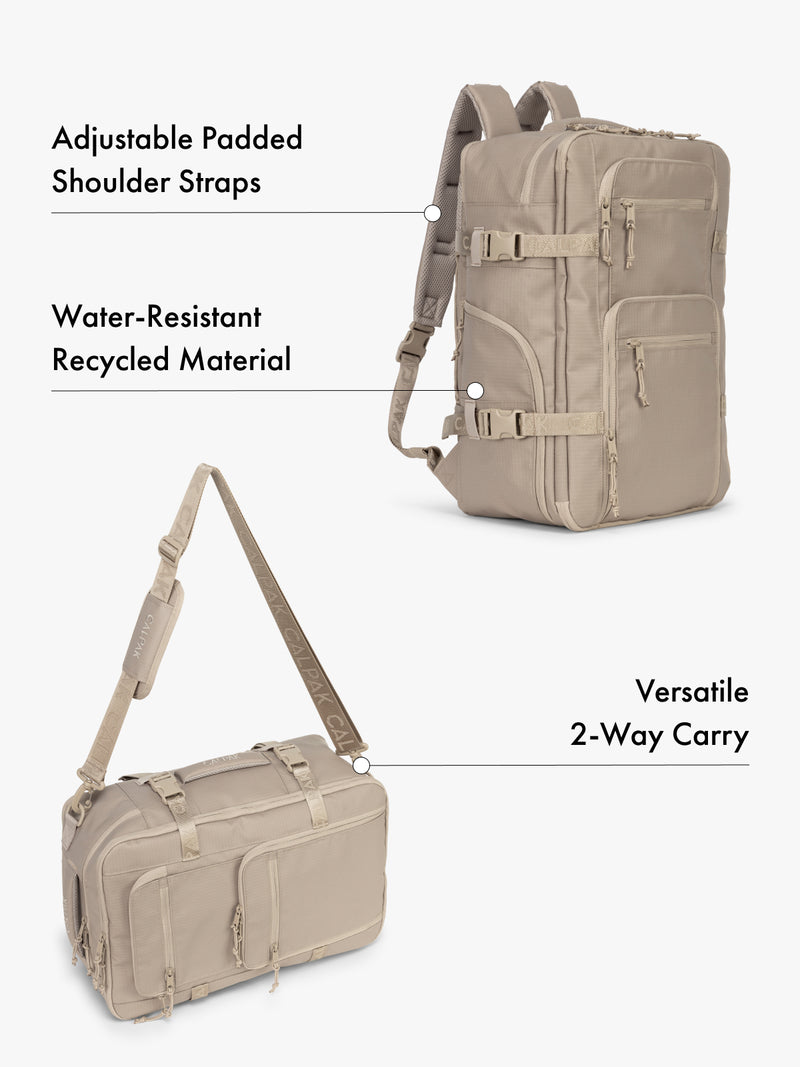 CALPAK Terra 26L laptop backpack duffel in beige made with water-resistant recycled material, adjustable shoulder straps  and versatile 2-way carrying feature on a white background