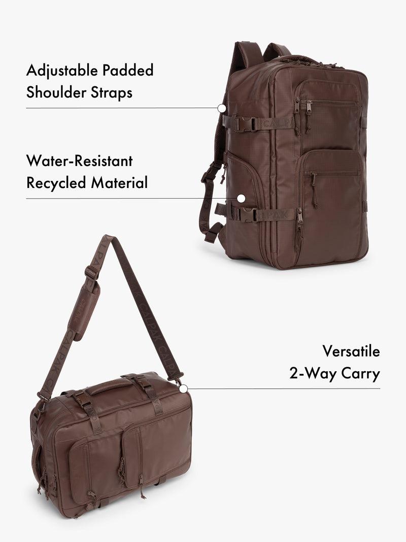CALPAK Terra 26L laptop backpack duffel in brown made with water-resistant recycled material, adjustable shoulder straps  and versatile 2-way carrying feature on a white background