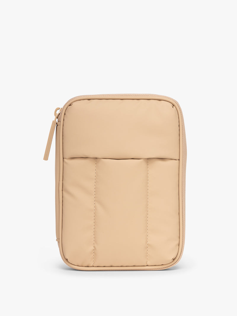 CALPAK Luka Zip Passport Wallet in beige Latte on a white background