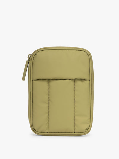 CALPAK Luka Zip Passport Wallet in dark green Pistachio on a white background; PZW2301-PISTACHIO view 1