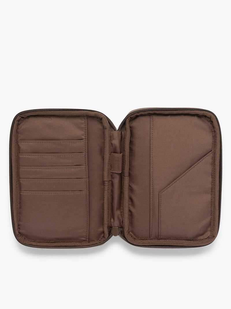 CALPAK Luka Zippered Passport Wallet in brown monochrome Walnut open interior view