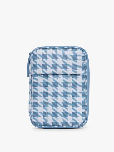 CALPAK Luka Zippered Passport Wallet in white and blue gingham print in French Blue Gingham; PZW2301-FRENCH-BLUE-GINGHAM view 1