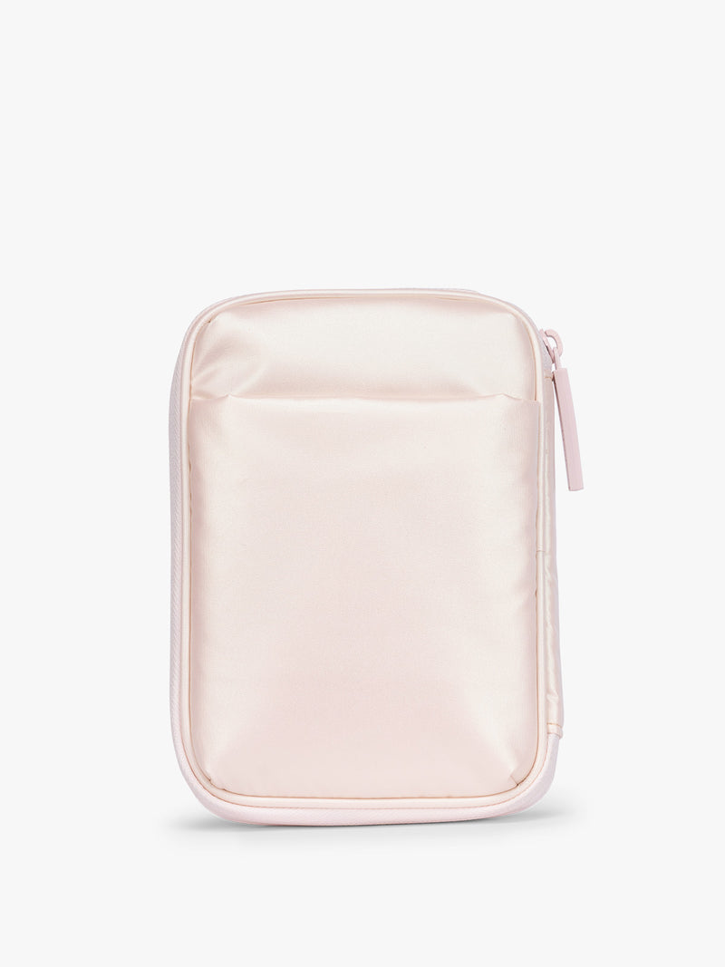 Back of CALPAK Luka Zip Passport Wallet in light pink shiny Pearlescent