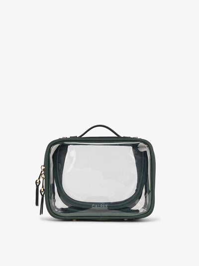 CALPAK small clear makeup bag with zippered compartments in green; CCM2001-EMERALD view 1
