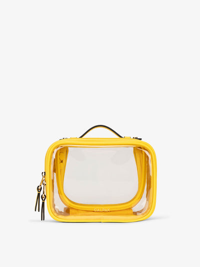 CALPAK small clear makeup bag with zippered compartments in yellow; CCM2001-LEMON view 1