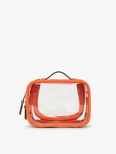 CALPAK small clear makeup bag with zippered compartments in papaya; CCM2001-PAPAYA view 1