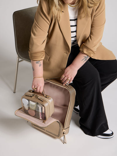 CALPAK small clear makeup bag with zippered compartments in metallic gold; CCM2001-GOLD view 2