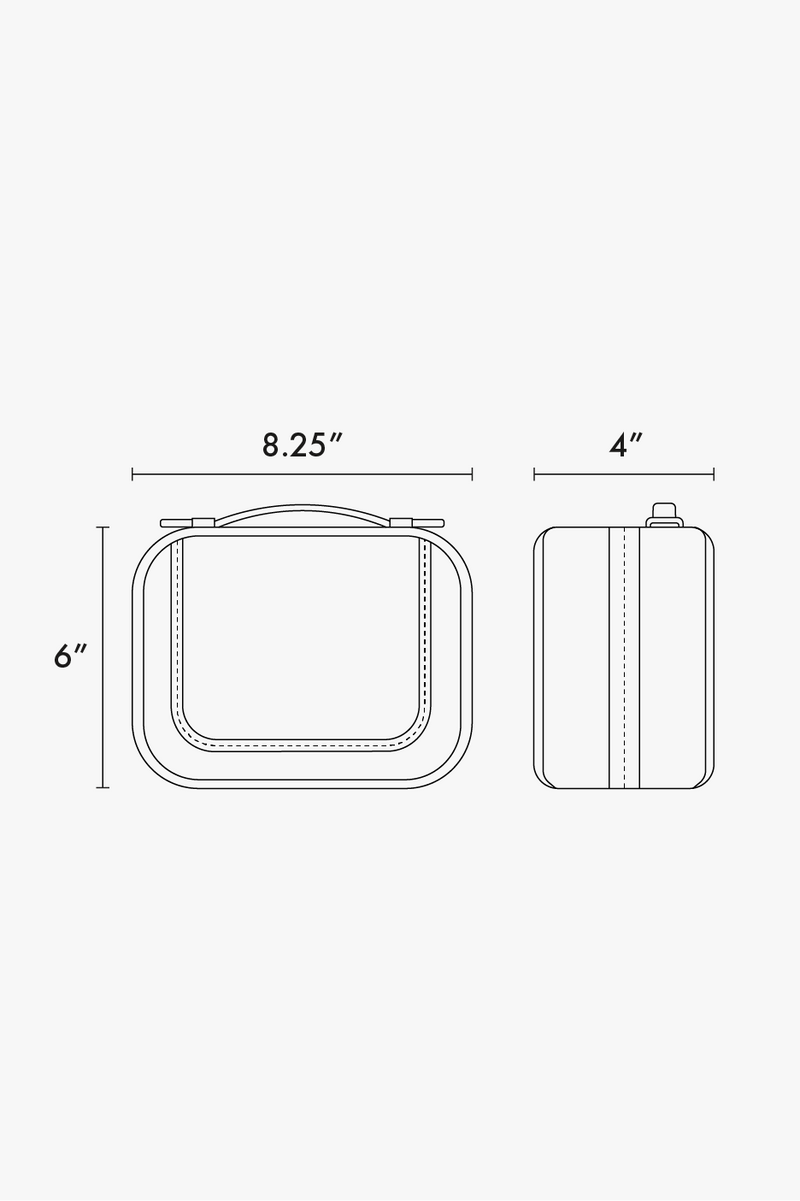 CALPAK Small Clear Cosmetics Case line drawing diagram of size showing 6"x8.25"x4"