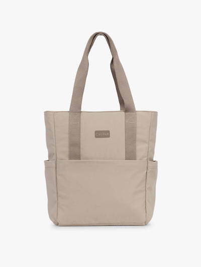 CALPAK Zippered Laptop Tote Bag in beige Greige on a white background; TCN2501-GREIGE view 1