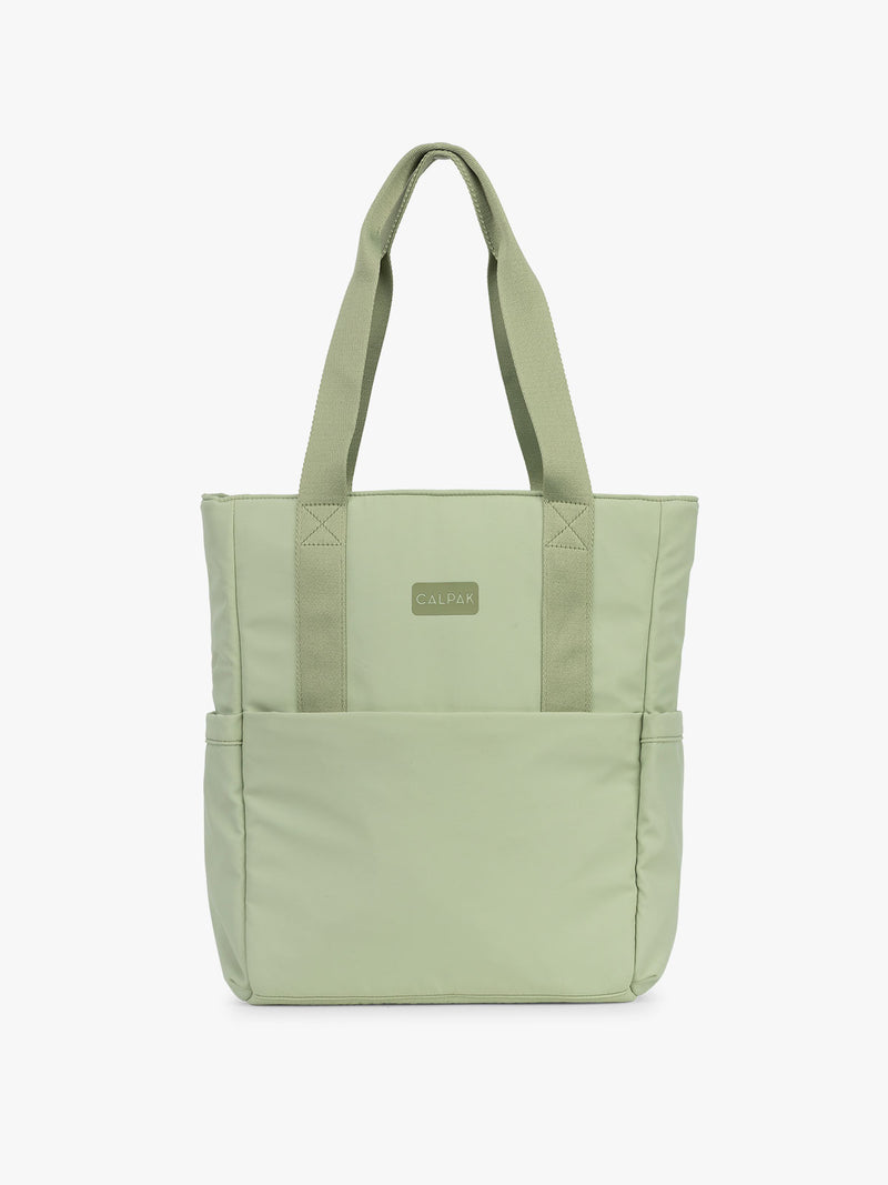 CALPAK Zippered Laptop Tote Bag in light green Meadow on a white background