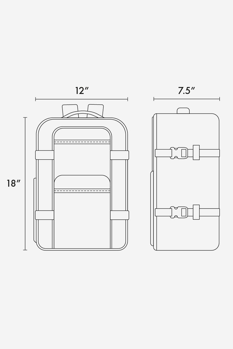 CALPAK Terra 26L Laptop Backpack line diagram drawing showing 18"x12"x7.5"