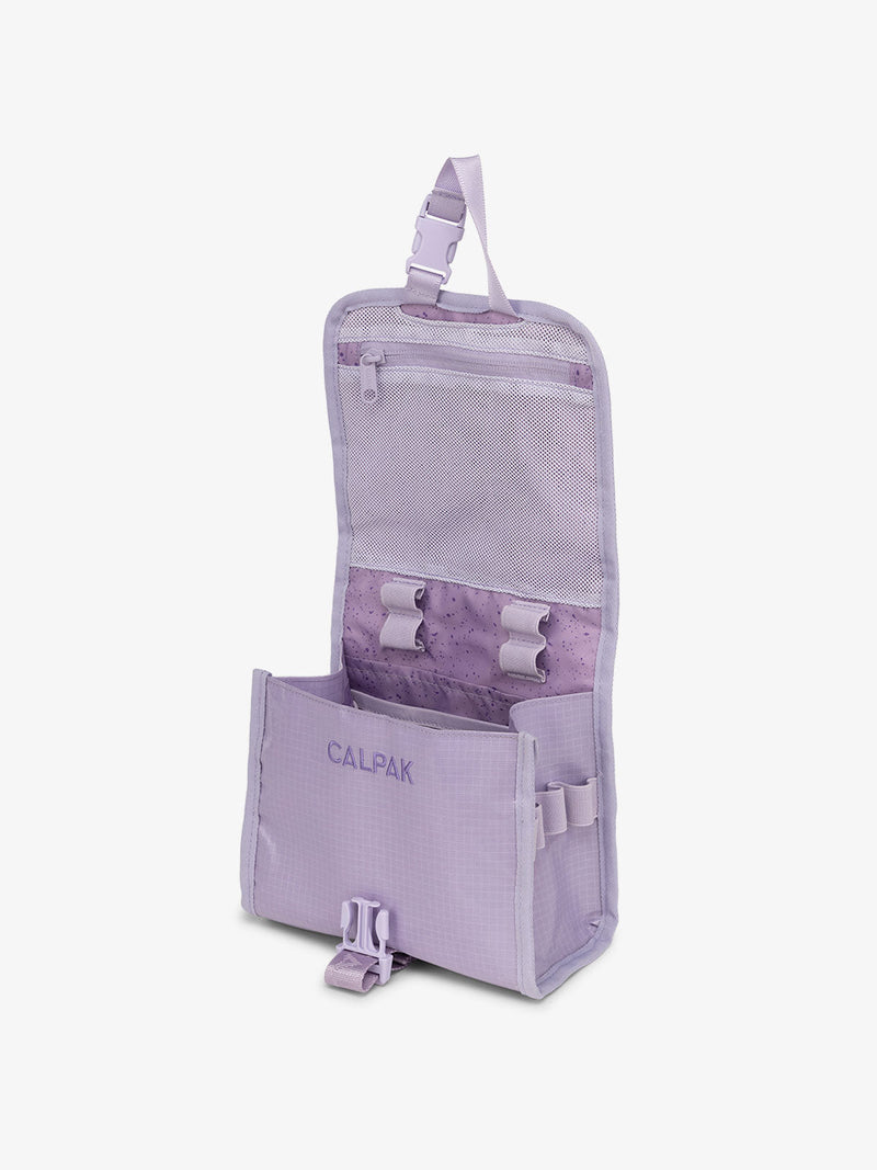 CALPAK Terra Hanging Travel Toiletry Bag for women with buckle closure, hanging hook and multiple compartments in amethyst